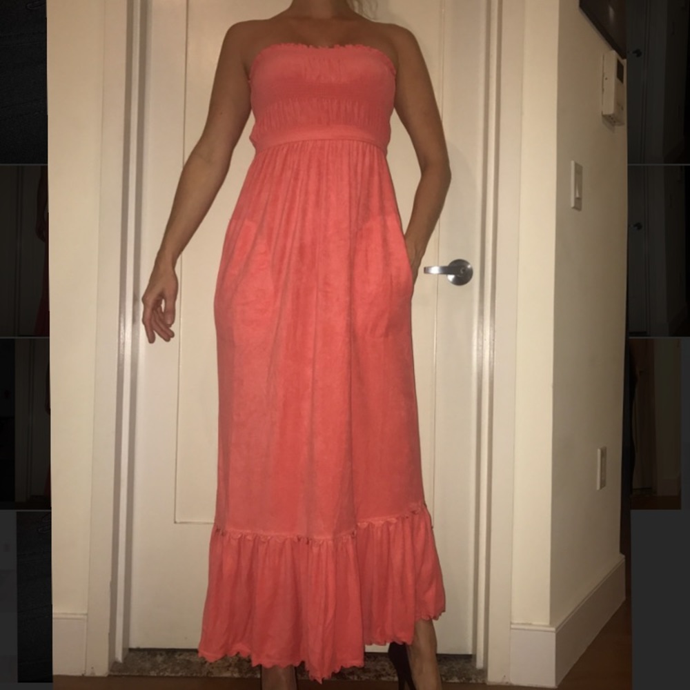 PLUSH & LUSH CORAL STRAPLESS TERRYCLOTH MAXI DRESS